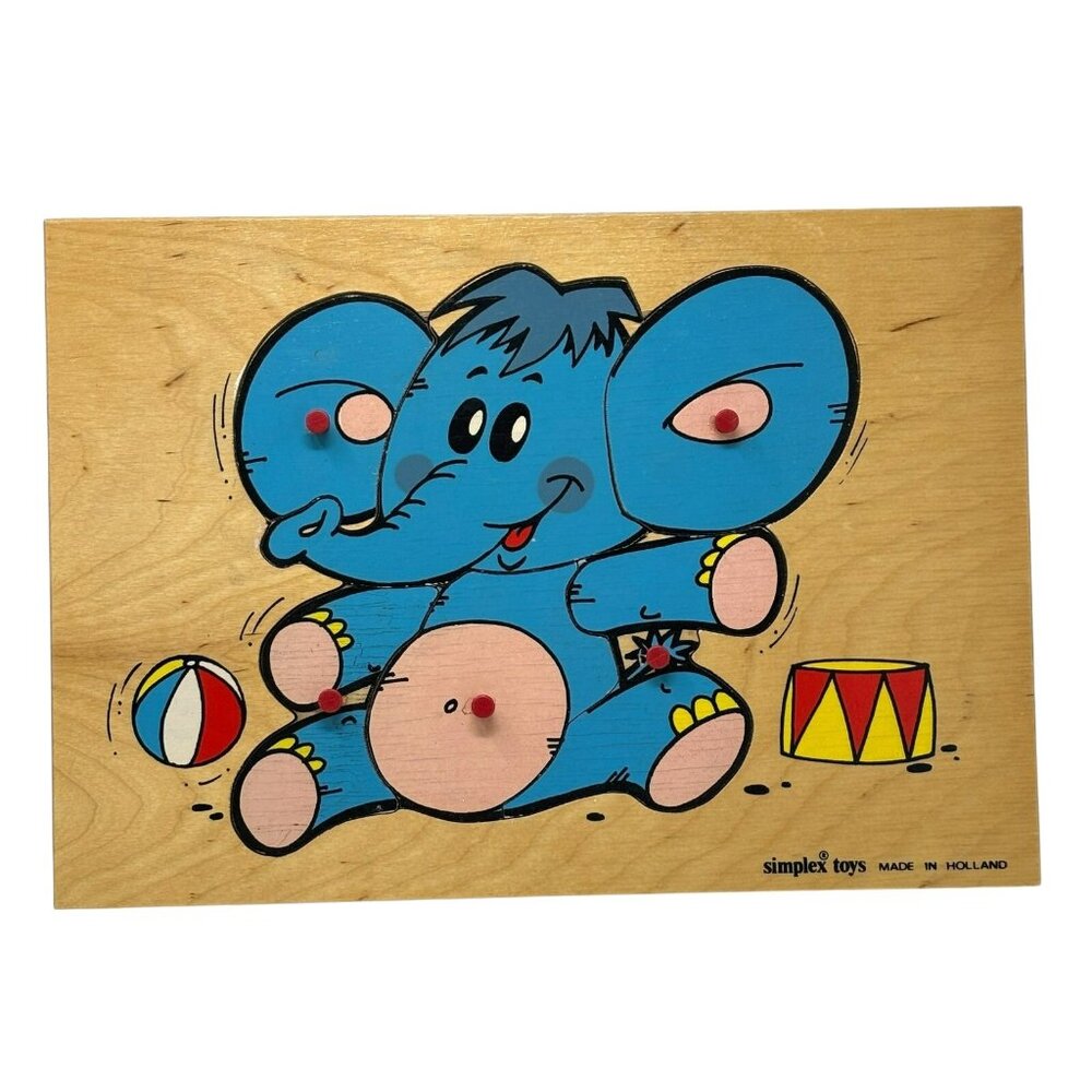 SIMPLEX Wooden Wood Peg Puzzle Blue Elephant Circus Holland Made